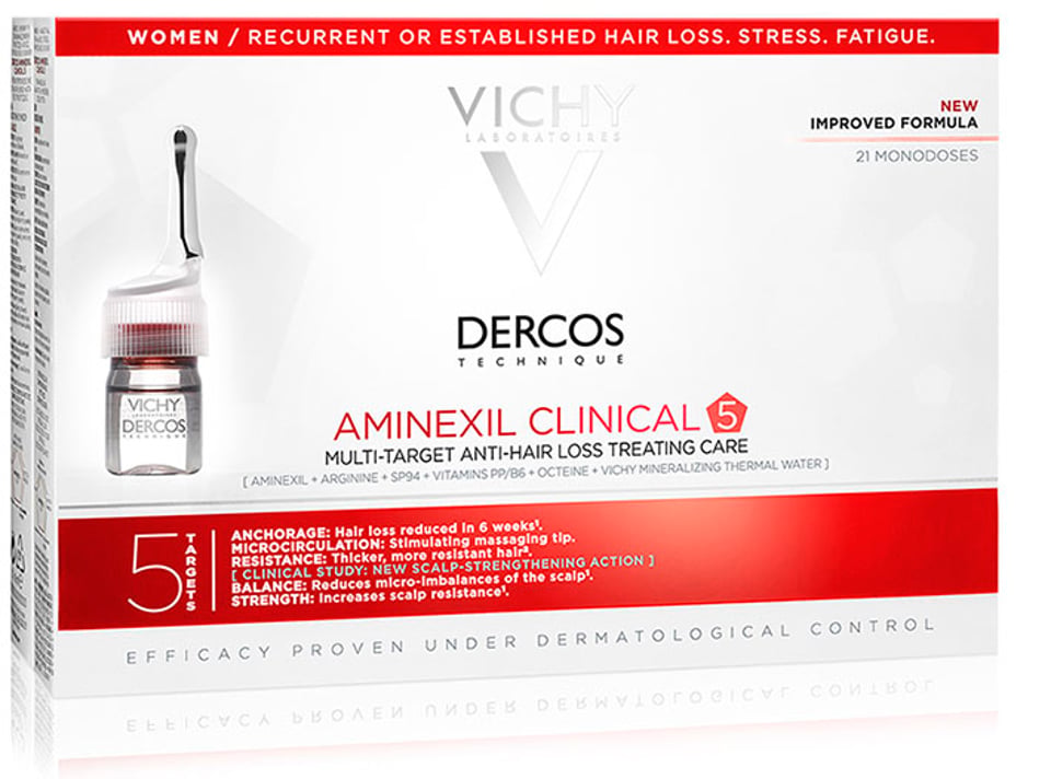Vichy Dercos Aminexil Clinical 5 Anti-Hair-Loss Treatment for Women, 21 x 6ml Ampoules – 6-Week Intensive Programme to Reduce Hair Fall & Strengthen Thinning Hair